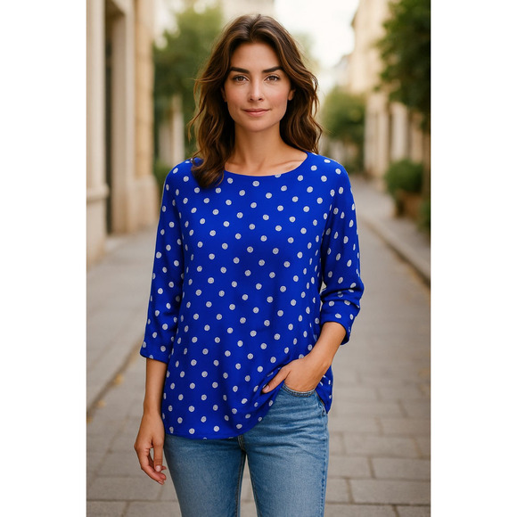 NWT Ali Miles Small Blue Dot Shirt Tunic Roll Tab Sleeves Lagenlook Top NEW - Picture 1 of 9